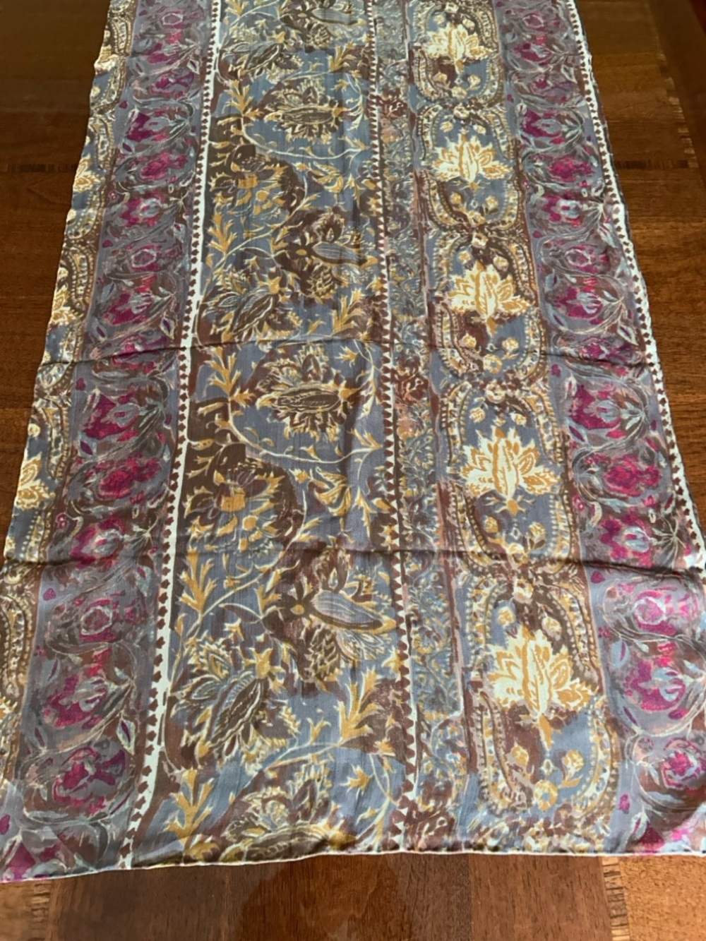 Lightweight Floral Paisley Scarf in Blue, Brown & Pink by J & X NY 20“ x 54“